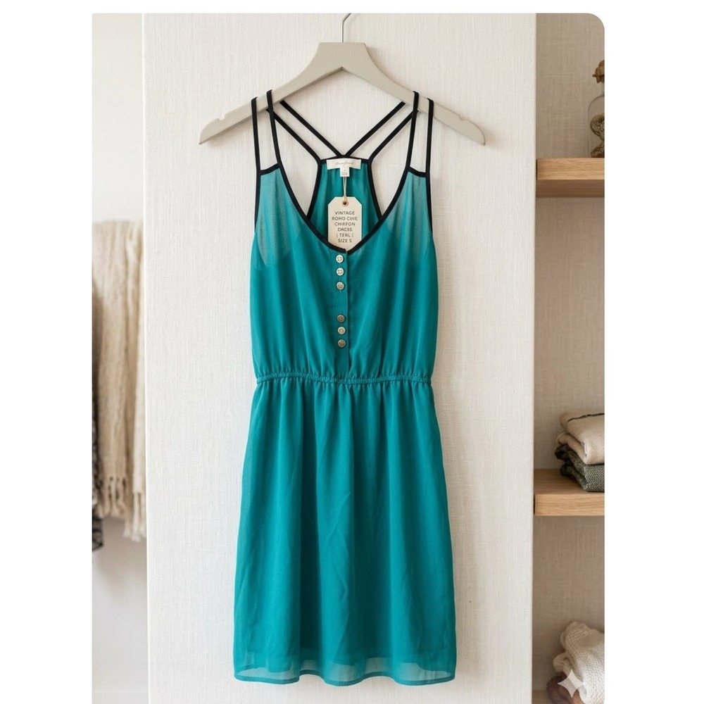 Women's Solid Green Sleeveless V-Neck Button Front Strappy Back Shirt Dress M